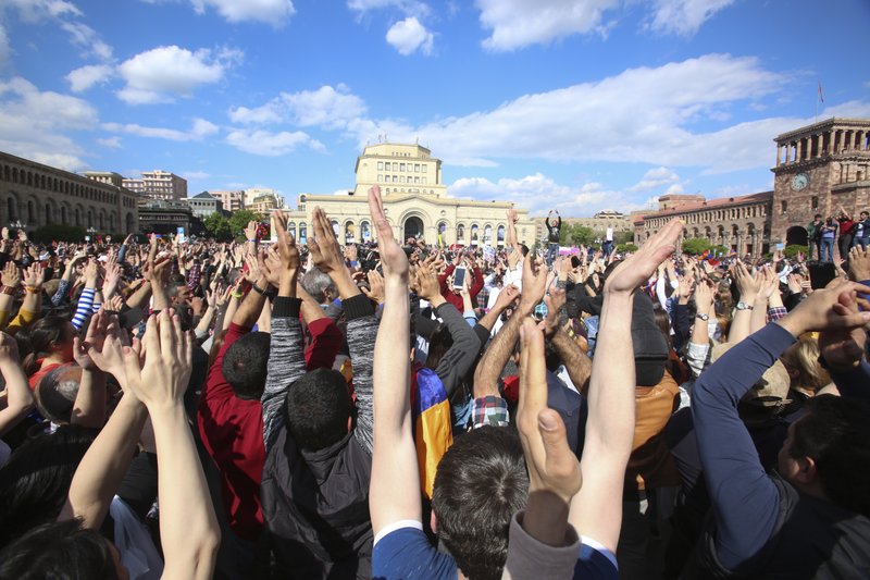 People celebrate Armenian Prime Minister’s Serzh Sargsyan’s resignation in Republic Square in Yerevan, Armenia, Monday, April 23, 2018.