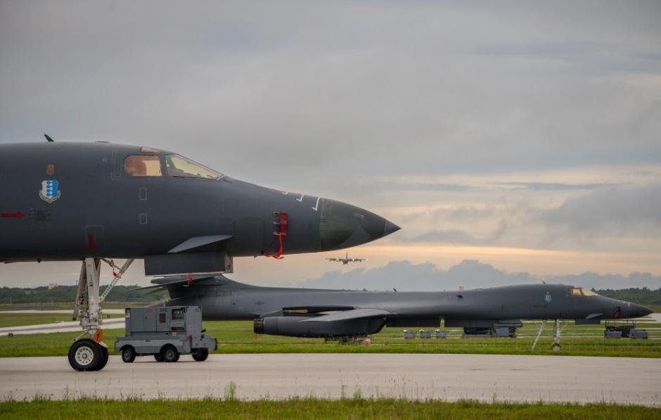 A U.S. Air Force B-1B Lancer assigned to the 37th Expeditionary Bomb Squadron, prepare for take-off to fly a bilateral mission with Japanese and South Korea Air Force jets 