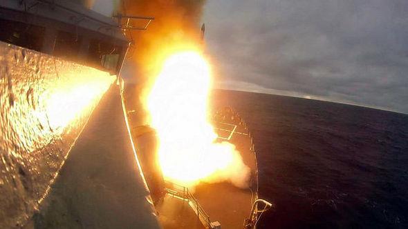 Close-up of a missile launch in the Formidable Shield drill