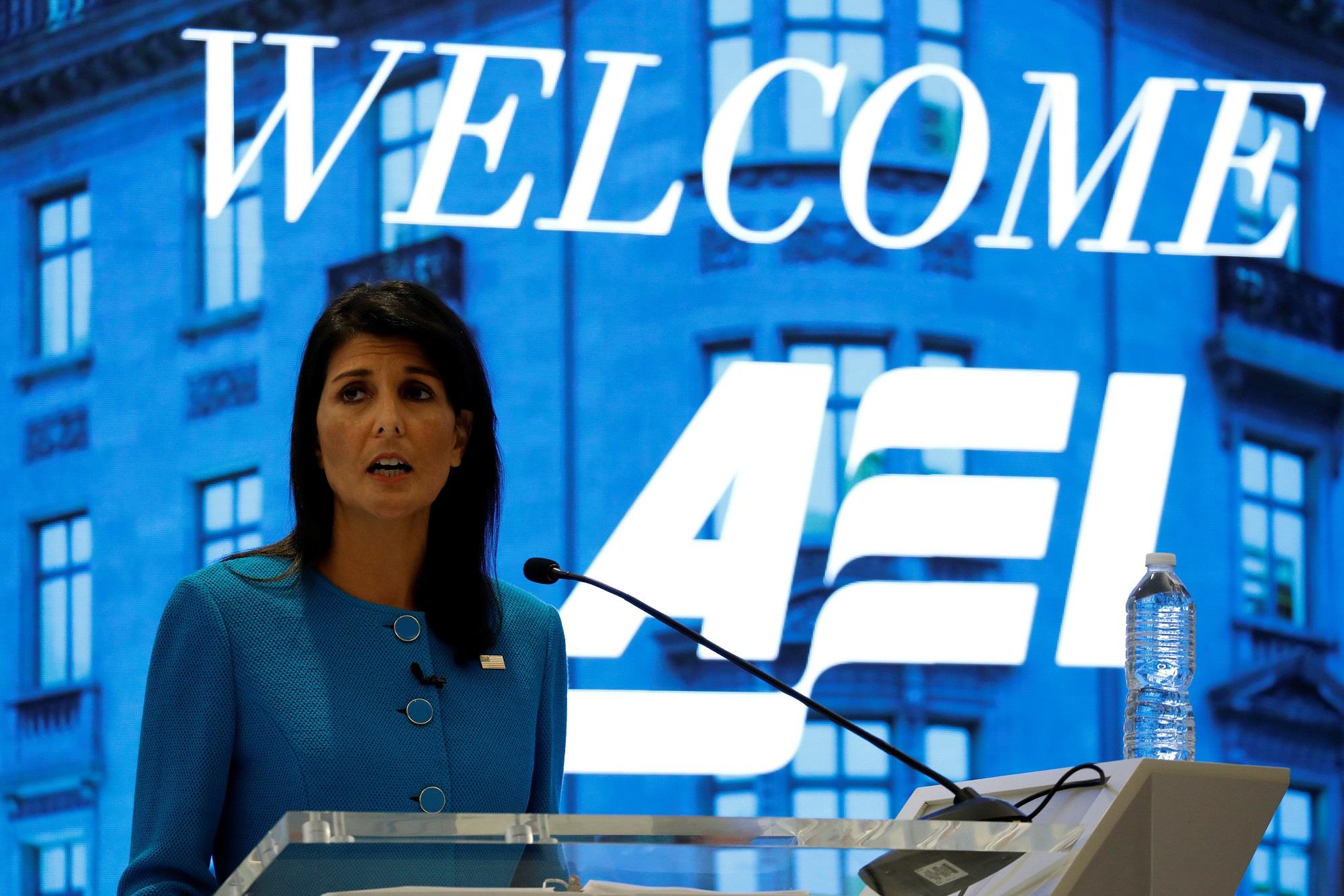 US Ambassador to the United Nations Nikki Haley speaks about the Iran nuclear deal at the American Enterprise Institute in Washington, on September 5, 2017