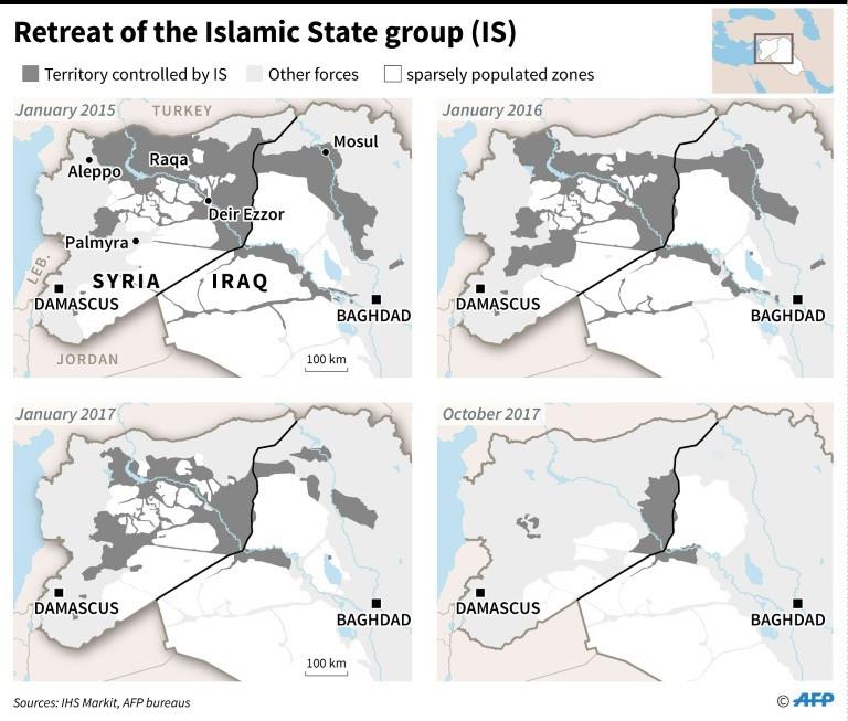 Four phases in the control and loss of Syrian and Iraqi territory by the Islamic State (IS) group between January 2015 and October 17, 2017