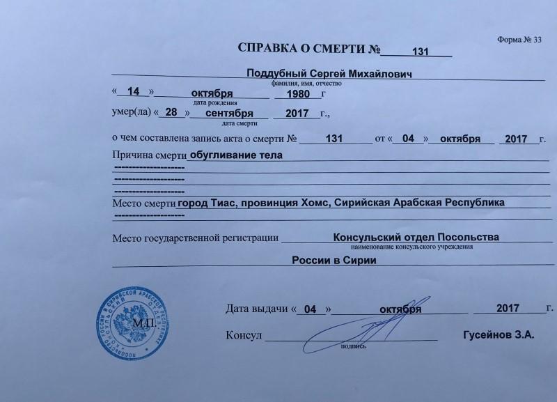 A death certificate of Russian private military contractor Sergei Poddubniy