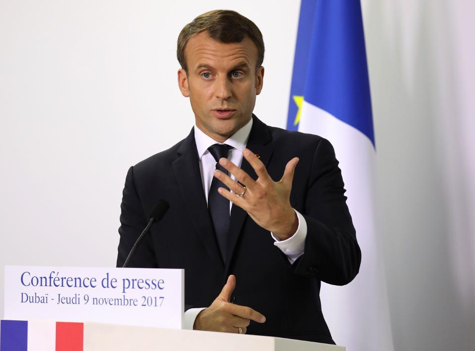French President Emmanuel Macron gives a press conference in Dubai on November 9, 2017. 
