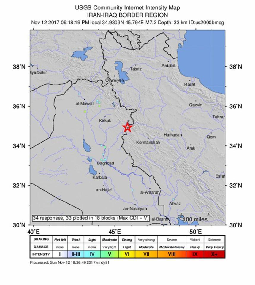 The quake rocked the Iraq-Iran border, south-southwest of Iraqi town Halabjah