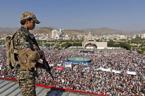 Supporters of Yemen’s Iran-backed Houthi rebel movement gather in Sanaa on September 21, 2017.