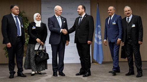 UN Special Envoy for Syria Staffan de Mistura (3rd L) shakes hands with head of the Syrian Negotiation Commission (SNC) Nasr al-Hariri (3rd R) next to opposition delegation members (from L-R) Khaled al-Mahamid, Hanadi Abu Arab, Jamal Suliman and Safwan Akash, on the opening of a new round of Syria's peace talks at the United Naitons Office in Geneva, Switzerland November 28, 2017