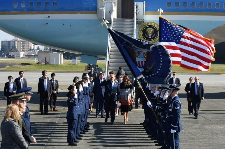 Trump was greeted by military personnel at the Yokota Air Base