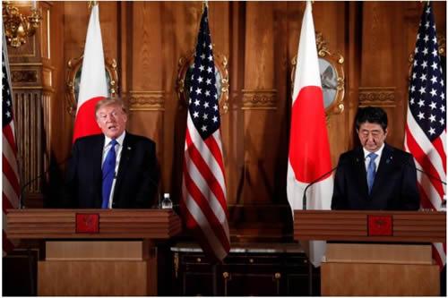 U.S. President Donald Trump speaks during a news conference with Japan's Prime Minister Shinzo Abe at Akasaka Palace in Tokyo, Japan, November 6, 2017. 