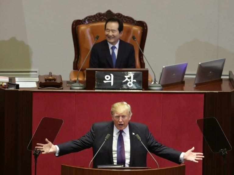 Donald Trump addressed the National Assembly in South Korea, a key US ally in the struggle with the nuclear-armed North 