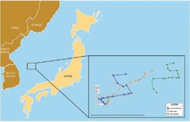 This graphic in a Navy report shows the location and ship track of the USS Lake Champlain, a guided-missile cruiser, before and after it struck a South Korean fishing vessel on May 9. The Navy ship was accompanying the USS Carl Vinson, an aircraft carrier, at the time of the mishap. (Navy image)