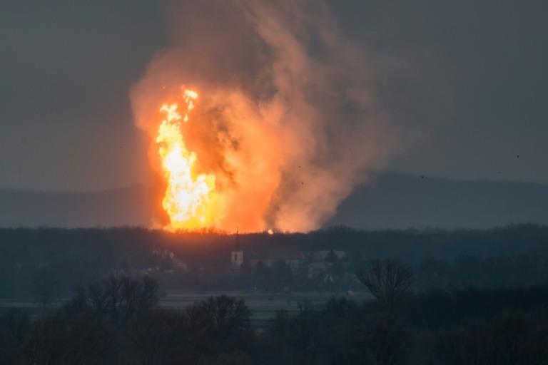 A blaze pictured at Austria's main gas pipeline hub at Baumgarten, eastern Vienna, after explosion rocked the site on December 12, 2017