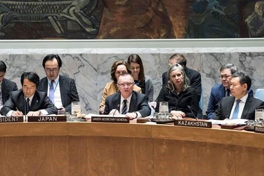 Jeffrey Feltman (center), Under-Secretary-General for Political Affairs, addresses the Security Council meeting on the situation in Myanmar.