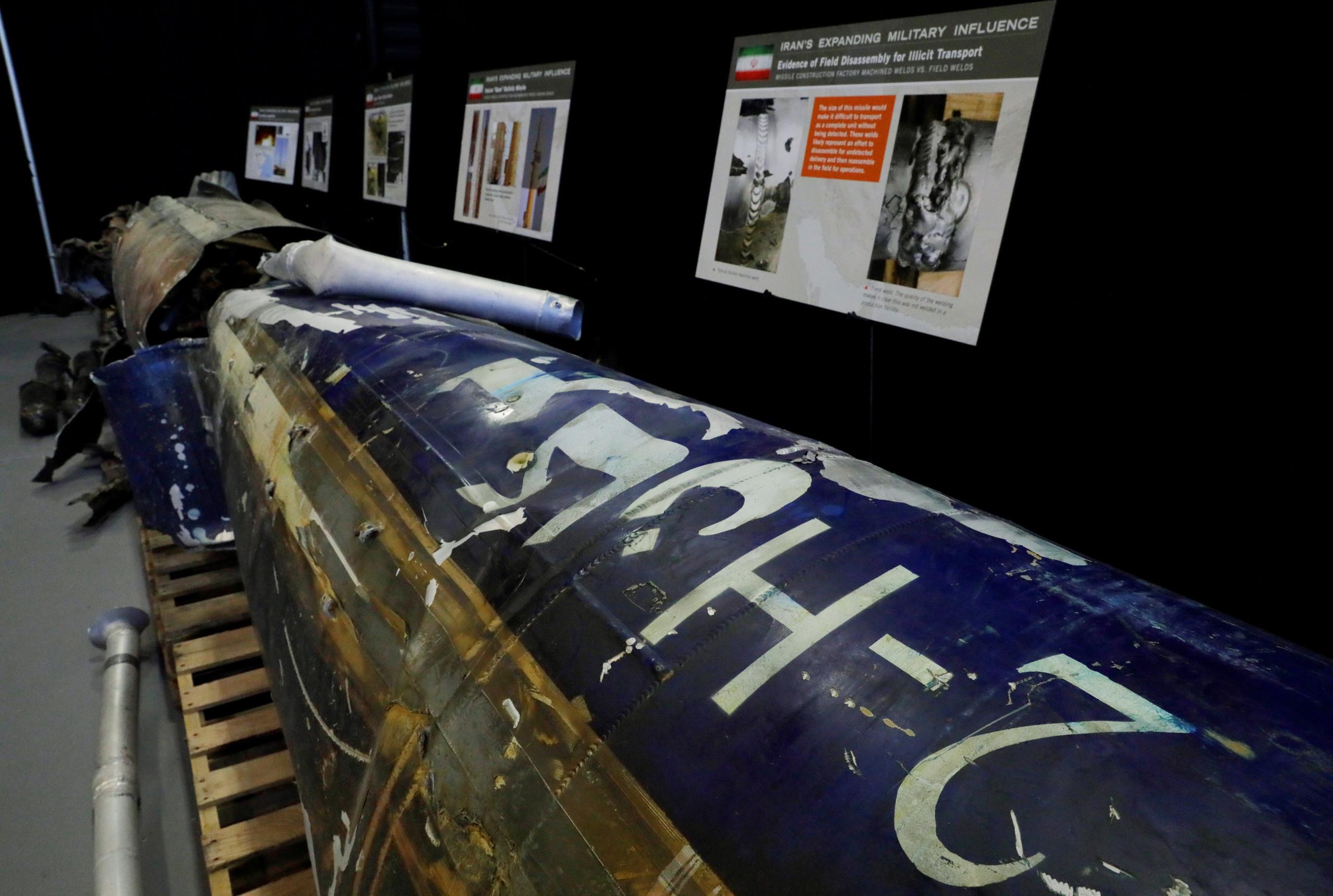 A missile that the US Department of Defense says is a “Qiam” ballistic missile manufactured in Iran but that the Pentagon says was fired by Houthi rebels from Yemen into Saudi Arabia on July 22, 2017 is seen on display at a military base in Washington on December 13, 2017.