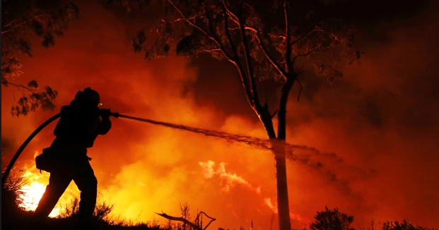A firefighter is working on extinguishing the Lilac Fire, a fast moving wildfire in Bonsall
