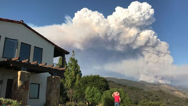 The Whittier fire burns in the Santa Ynez Mountains near Goleta