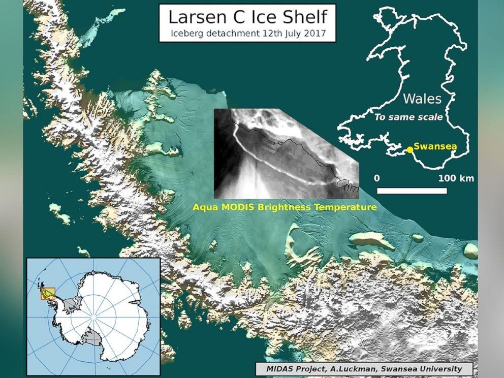 An illustration depicting an iceberg detachment from the Larsen C Ice Shelf in Antarctica, July 12, 2017.