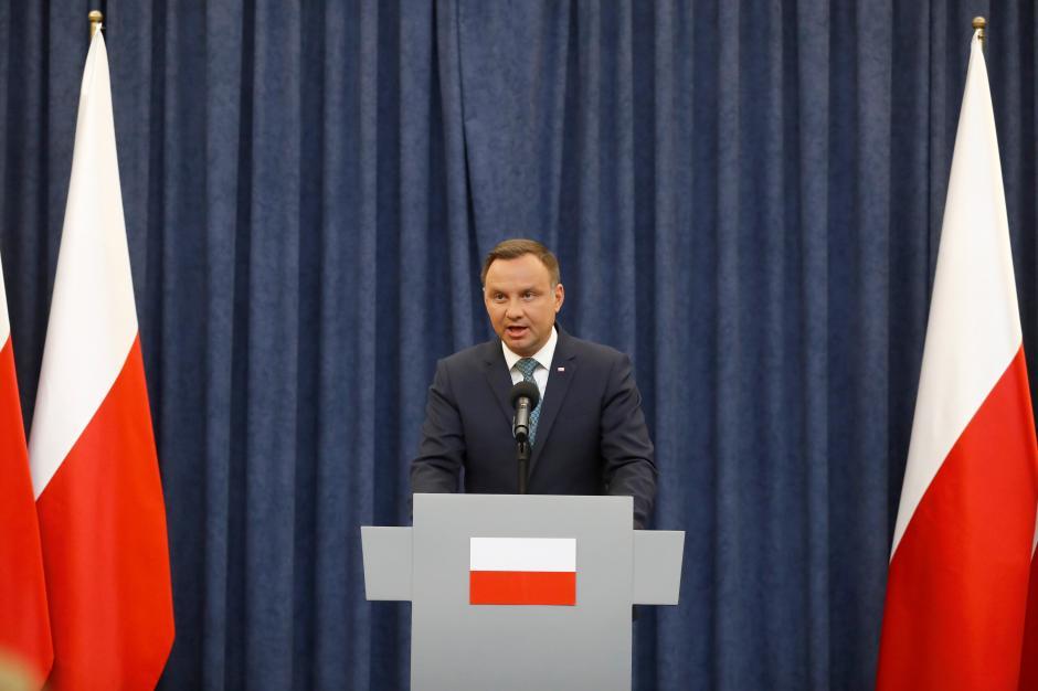 CHANGING SLUG Poland's President Andrzej Duda speaks during his media announcement about Supreme Court legislation at Presidential Palace in Warsaw 