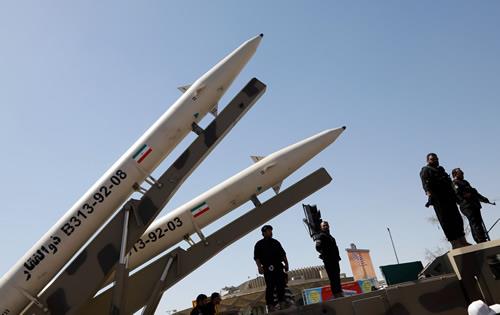 Zolfaghar missiles on display during a rally marking al-Quds Day in Tehran on June 23, 2017. 