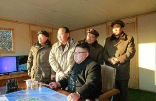 Kim Jong-un observing a medium-range ballistic missile being launched two days earlier. 