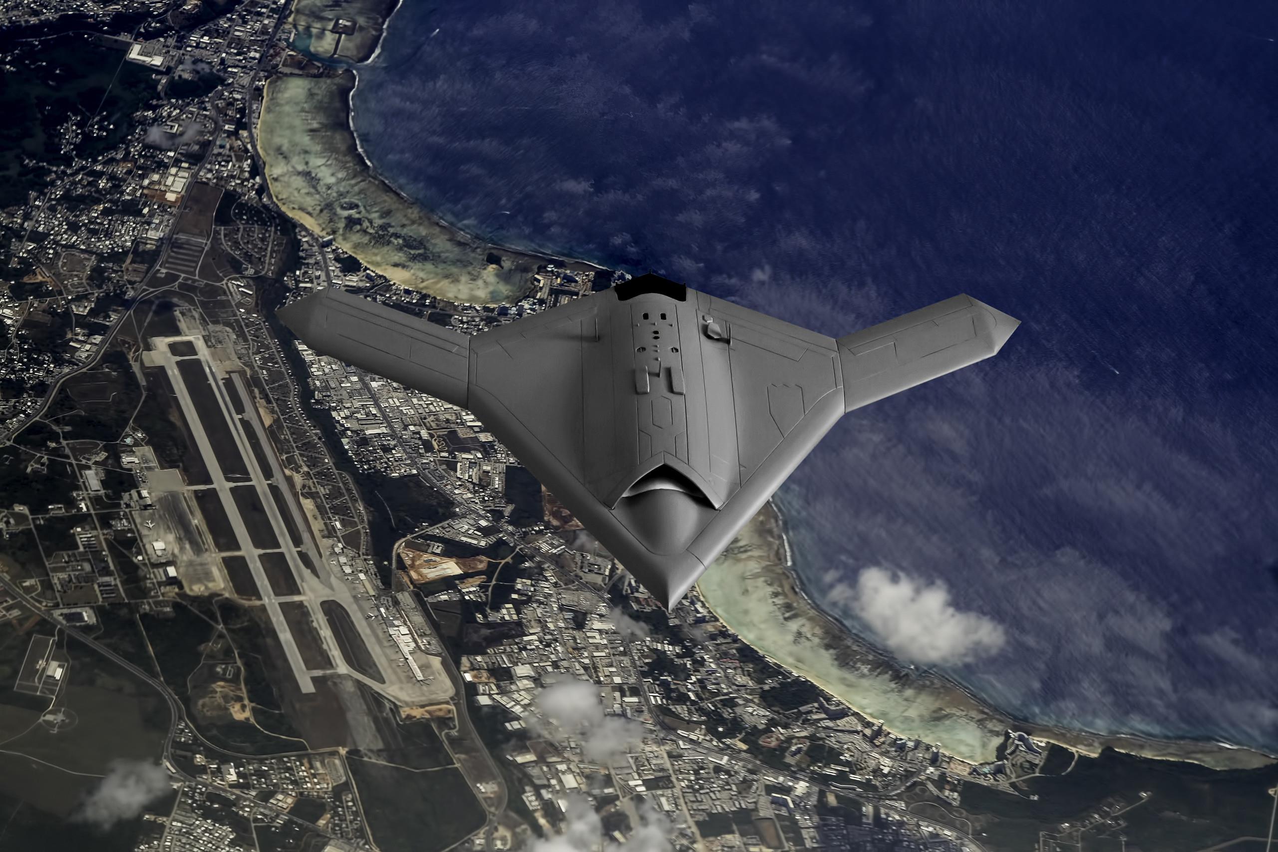 Artist's impression of a drone as it flies over the pacific Island of Guam