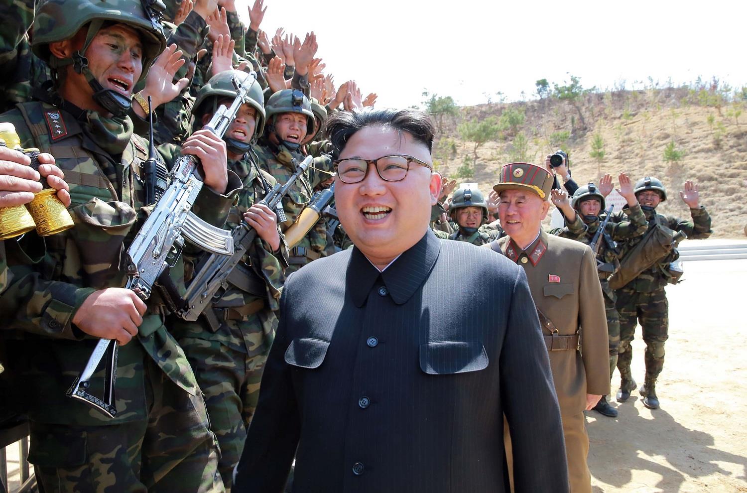 Kim Jong-Un inspecting the “Dropping and Target-striking Contest of KPA Special Operation Forces – 2017” at an undisclosed location in North Korea on April 14, 2017.