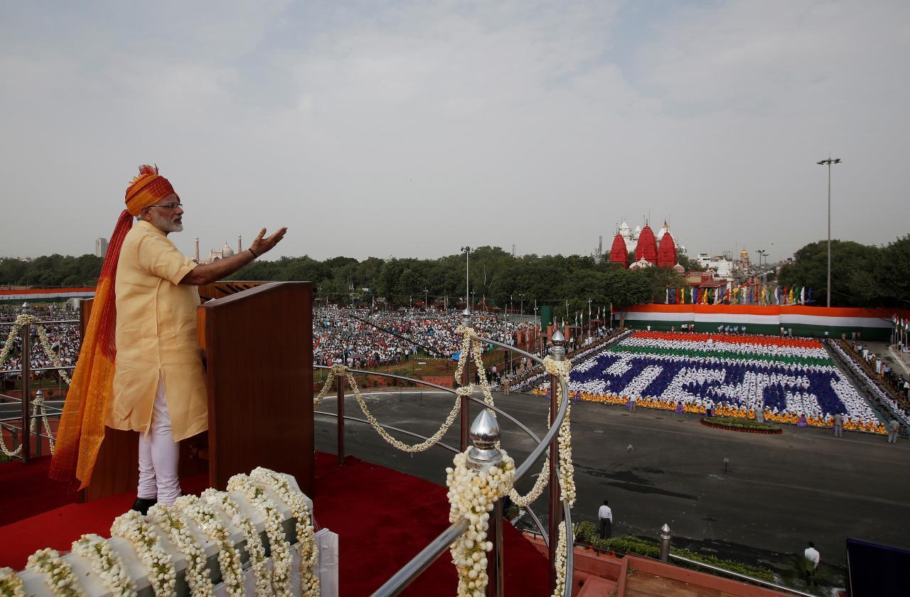 Indian Prime Minister Narendra Modi addresses the nation from the historic Red Fort during Independence Day celebrations in Delhi, India August 15, 2017.
