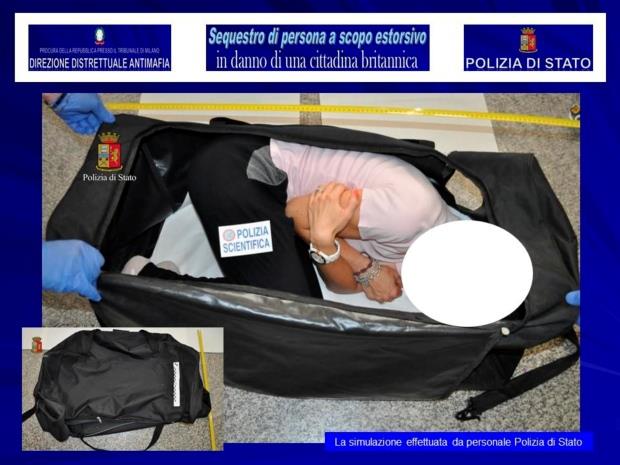 A person taking part in a re-enactment by Italian police shows how a British model was allegedly kept in a suitcase after being kidnapped.
