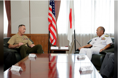 General Joseph F. Dunford, Jr., US Chairman of Joint Chiefs of Staff, talks with Japan's Chief of Staff of Joint Staff Katsutoshi Kawano 
