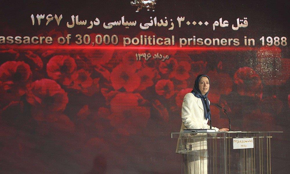 Maryam Rajavi speaks at a ceremony marking the 1988 massacre of 30,000 political prisoners in Iran