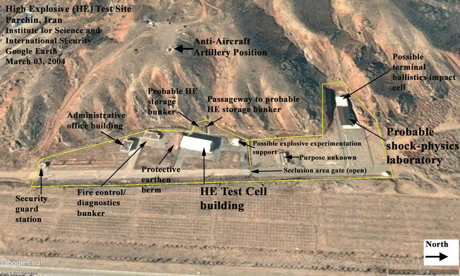 Parchin site with annotations about the purpose of the buildings related to the site’s function as a nuclear weapons research and development site.