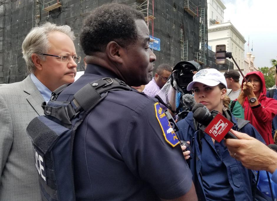  Charleston Mayor John Tecklenburg, (L) and Interim Police Chief Jerome Taylor brief news reporters regarding a restaurant shooting in which police shot...