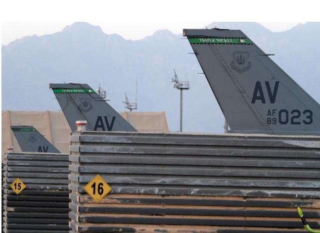 U.S. Air Force F-16 Fighting Falcon aircrafts belonging to the 555th Expeditionary Fighter Squadron sit at Bagram Airfield, Afghanistan August 22, 2017