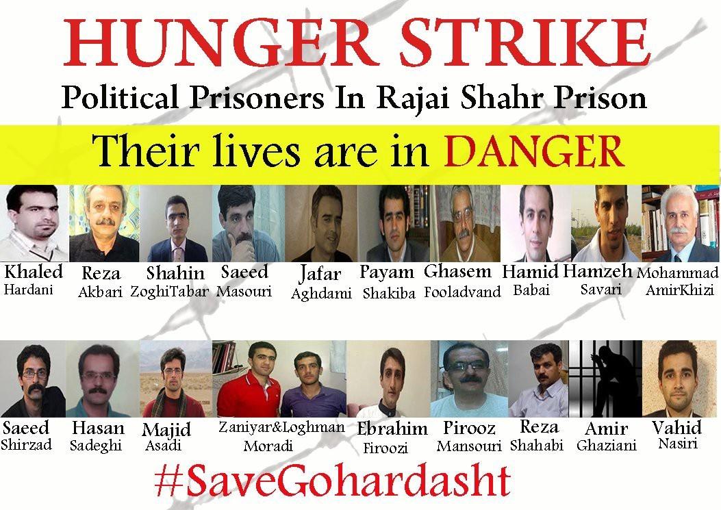 Hunger striking prisoners include Saeid Shirzad, Khaled Hardani, Ebrahim Firouzi, Vahid Nasiri, Payam Shakiba, Majid Assadi, Reza Shahabi, Hamid Babaei, Mohammad Nazari, Hassan Sadeghi, Reza Akbari Monfared, Abolghasem Fuladvand, Mohammad Bannazadeh Amirkhizi, Shahin Zoghi, Arash Ghaziani, Saeid Masuri, Mohammad Ali Mansouri, Jafar Eghdami and Saeid Pourheydar.