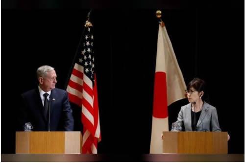 U.S. Defense Secretary Jim Mattis and Japan's Defense Minister Tomomi Inada (R) attend a joint news conference after their meeting at the Defense Ministry in Tokyo, Japan, February 4, 2017.