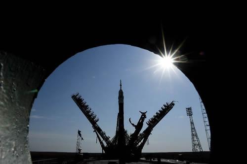 A Soyuz spacecraft is mounted on the launch pad at the Russian-leased Baikonur cosmodrome in Kazakhstan on September 10, 2017