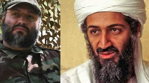 Emad Moghineh and Osama bin Laden, heads of the two terrorist groups al-Qaeda and Hezbollah 