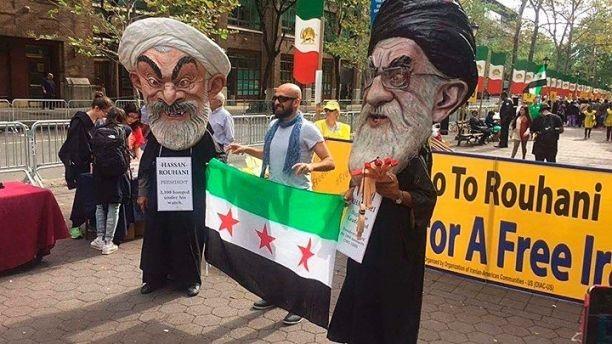 Protestors outside the UN oppose the Iranian regime's role in the bitter Syrian war and support of dictatorial President Bashar al-Assad.