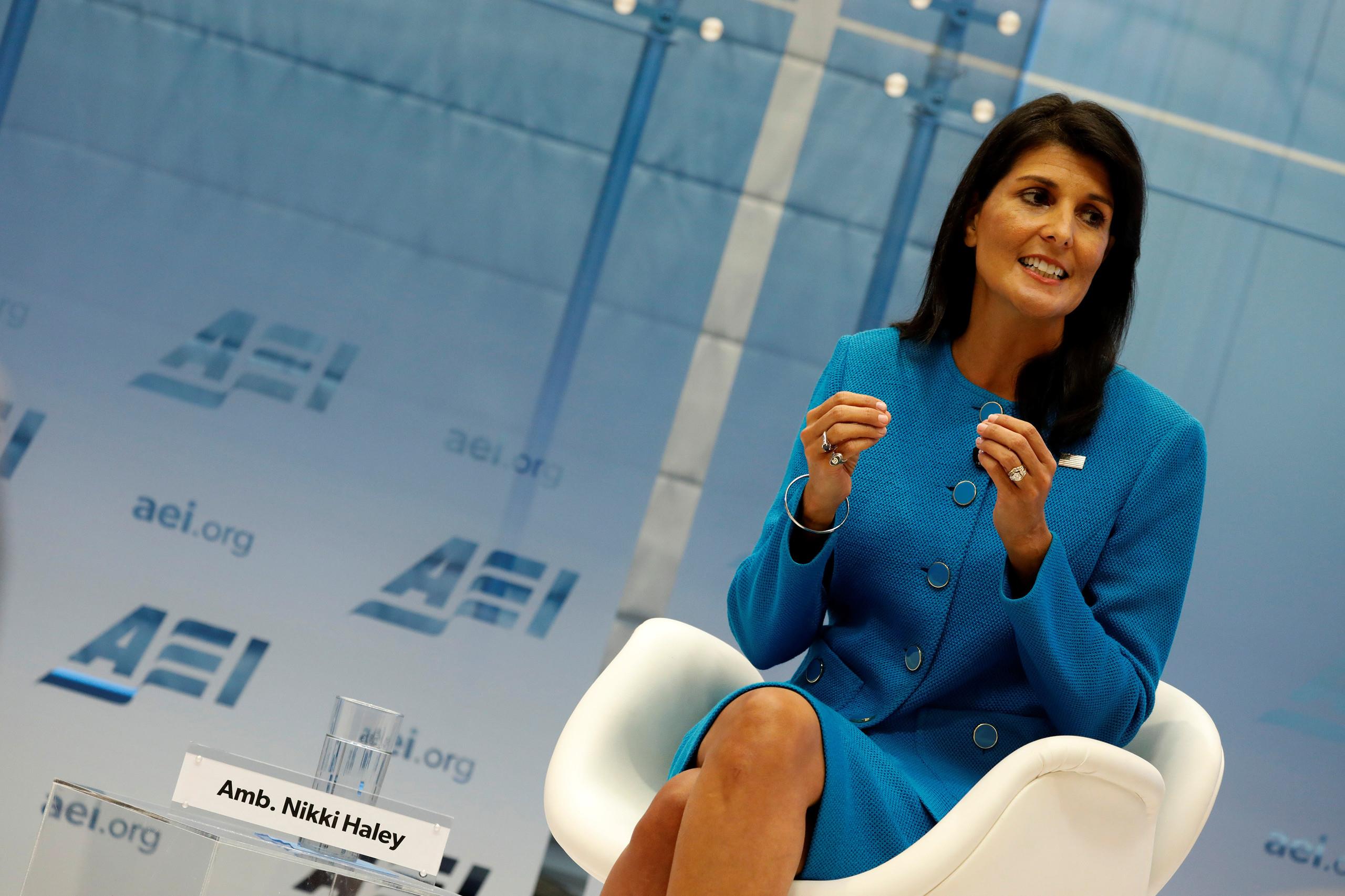 US Ambassador to the UN, Nikki Haley, speaks about the Iran nuclear deal at the American Enterprise Institute in Washington, September 5, 2017.