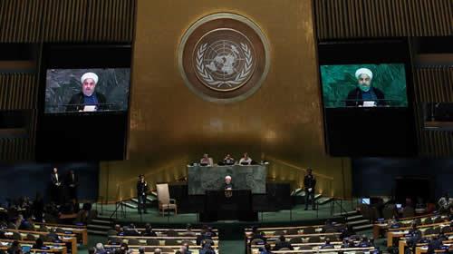 Hassan Rouhani, President of the Islamic Republic of Iran, is displayed on monitors as he addresses the United Nations General Assembly at UN headquarters, September 20, 2017 in New York City.