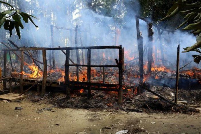 A house is seen on fire in Gawduthar village, Maungdaw township, in the north of Rakhine state, Myanmar September 7, 2017. Picture taken September 7, 2017