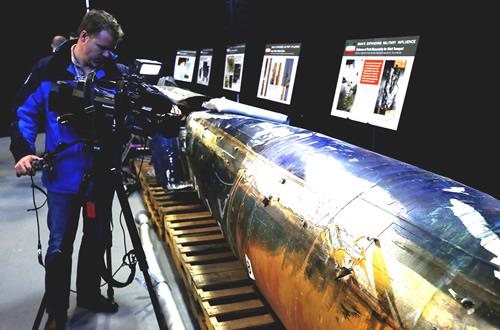 A missile that the US Department of Defense says is a “Qiam” ballistic missile manufactured in Iran and that the Pentagon says was fired by Houthi rebels from Yemen into Saudi Arabia on July 22, 2017, is seen on display at a US military base in Washington, on December 13, 2017