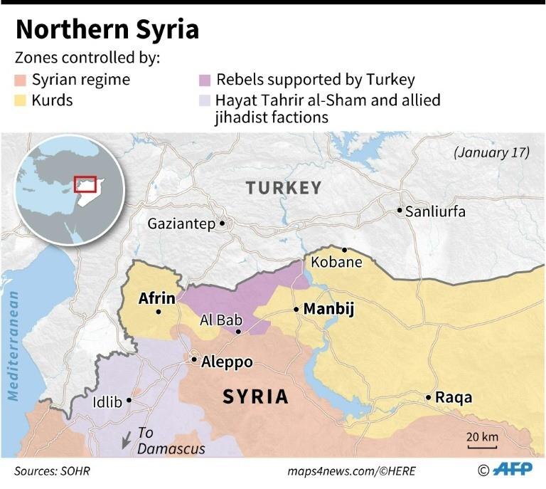 Map of northwestern Syria showing zones controlled by various factions