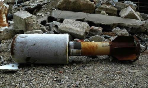 A photo shows an empty rocket reportedly fired by regime forces on the rebel-held besieged town of Douma on the outskirts of the capital, Damascus, on Jan. 22, 2018.