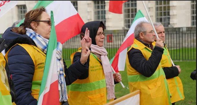 Iranian opposition groups call for UK Prime Minister Theresa May to support protesters in Iran during a demonstration outside Downing Street in London