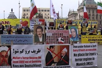 Iranians demonstrate in Germany against a visit by the Iranian regime’s FM
