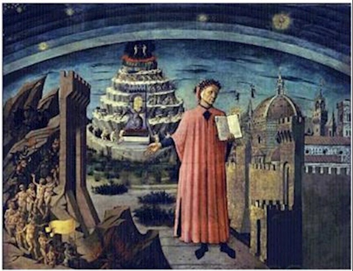 'Dante standing in front of the mountain of Purgatory, with hell on his right and heaven on his left'