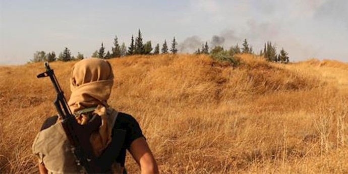  'A rebel fighter looks at smoke billowing in the background during clashes with pro-government forces south of the northern Syrian city of Aleppo'