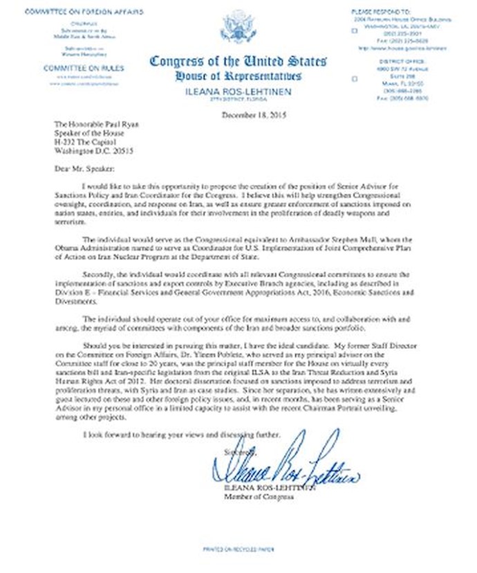 US Congresswomen Ileana Ros-Lehtinen calls for Creation of Congressional Special Advisor on Iran