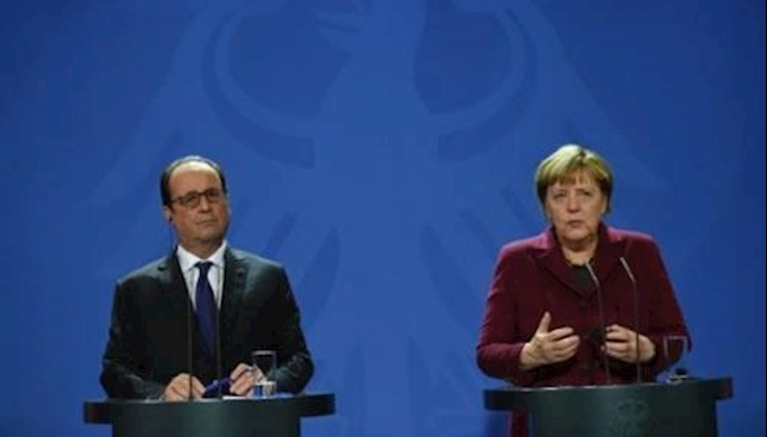  'German chancellor Angela Merkel and French President Francois Hollande attend a press conference at the chancellery in Berlin, on October 19, 2016'