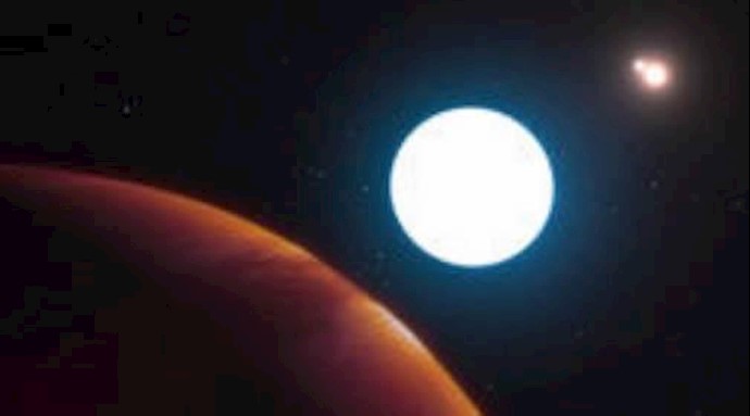  'This artists impression shows a view of the triple-star system HD 131399 from close to the giant planet orbiting in the system'